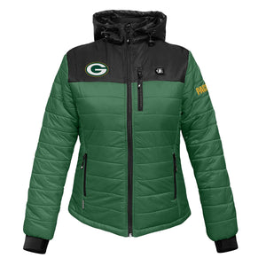 Green Bay Packers women's hooded puffer jacket with team logo and black accents