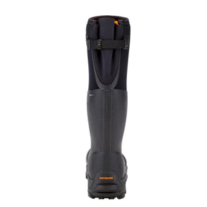 Back view of a black Dryshod waterproof rubber boot with adjustable calf strap