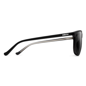Side profile of Smith matte black sunglasses with dark lenses