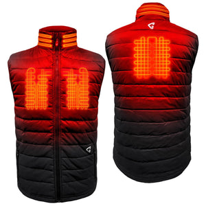 Front and back view of a black and red heated vest showing internal heating elements