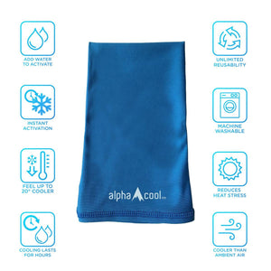 Alpha Cool blue cooling neck gaiter surrounded by eight feature icons explaining activation and cooling benefits