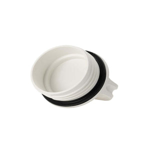White plastic bottle cap with black rubber seal