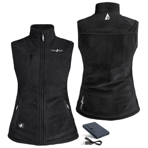 ActionHeat black fleece vest shown from front and back with battery pack and charging cable