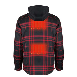 Mobile Warming red and black plaid hooded jacket with visible heating elements on the back