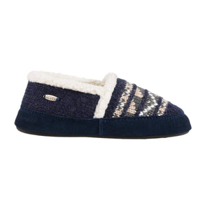 Acorn navy blue knit slipper with white fleece lining and suede trim