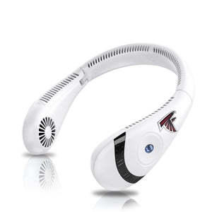White wearable neck fan with Atlanta Falcons logo and digital display