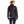 Back view of a woman wearing a black quilted jacket with long sleeves and a high collar