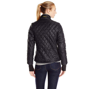 Back view of a woman wearing a black quilted jacket with long sleeves and a high collar