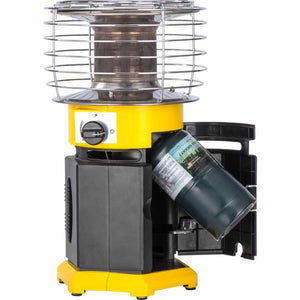 Yellow and black portable propane heater with a GoodRV propane canister installed