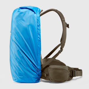 FjallRaven blue rain cover on a brown backpack