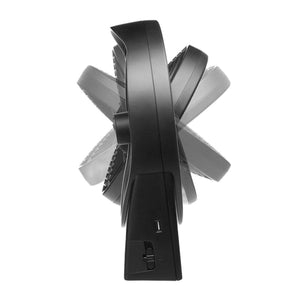 Side view of a black portable desk fan showing adjustable tilt angles