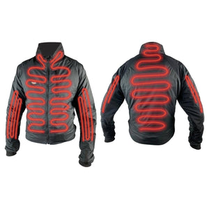 Black Gear heated jacket showing front and back views with red heating elements highlighted