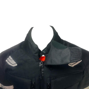 Black motorcycle jacket collar with velcro closure and front zipper