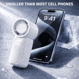 AlphaCool portable handheld fan next to a smartphone for size comparison