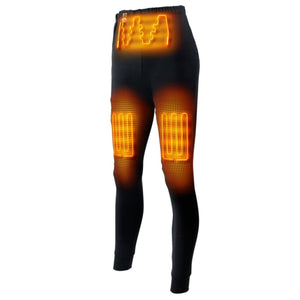Black thermal leggings with highlighted orange heating elements on the waist and thighs