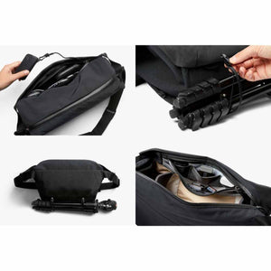 Four panel view of black camera sling bag showing internal pockets and external tripod attachment straps