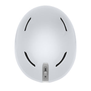 Top view of a white ski helmet with four ventilation slots and a rear adjustment dial