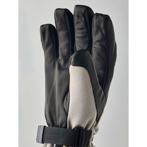 Hestra black leather and grey fabric glove with wrist strap