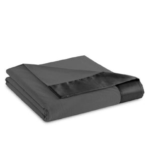 Folded charcoal grey fleece blanket with a matching satin border