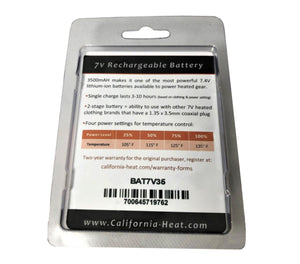 California Heat 7V rechargeable battery packaging with technical specifications and power settings table