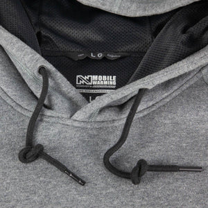 Grey Mobile Warming hoodie interior with black drawstring and mesh hood lining