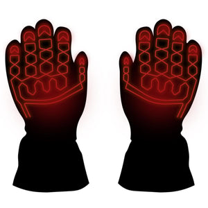 Pair of black gloves with red glowing circuit board pattern on the back