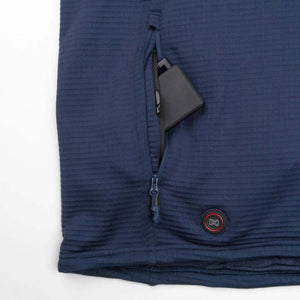 Mobile Warming navy blue heated garment pocket with battery pack and power button