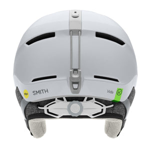 Rear view of white Smith Optics Vida ski helmet with adjustable fit dial and goggle strap retainer