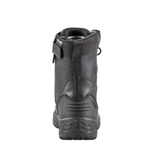 Rear view of a black Icebug tactical boot with a side zipper and textured heel
