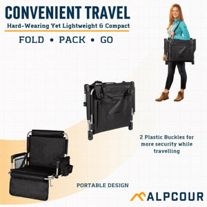 Alpcour portable folding stadium seat showing folded and unfolded positions with carrying strap