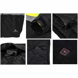Radians heated jacket features including battery pack, adjustable cuffs, drawstring hem, and power button