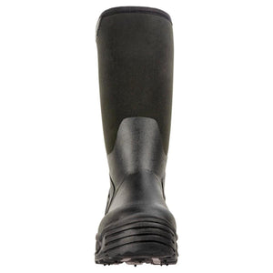 Back view of a black Korkers tall rubber boot
