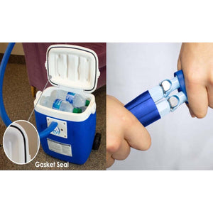 Blue cooler with gasket seal and hand pump attachment