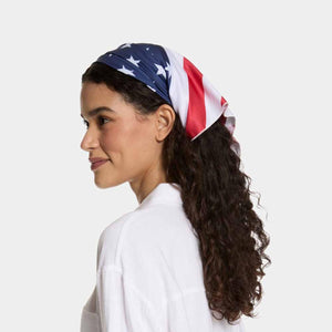 Person wearing a Mission cooling bandana with an American flag print