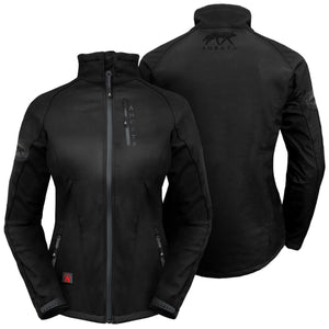 Aheata black softshell jacket with front and back views showing brand logos and zippered pockets