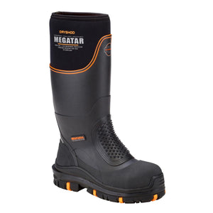Dryshod Megatar black waterproof steel toe work boot with orange accents