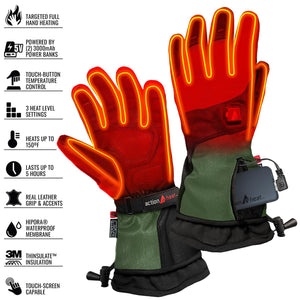 ActionHeat battery powered heated gloves with feature list including leather grip and waterproof membrane