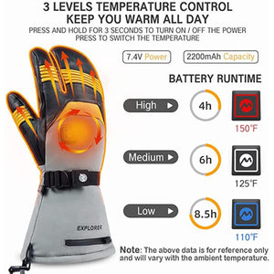 Mount Tec heated glove showing three temperature settings and battery runtime specifications