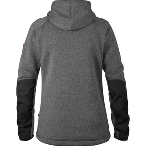 Fjallraven grey hooded fleece jacket with black elbow patches back view