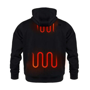 Back view of a black Mobile Warming heated hoodie showing internal heating elements