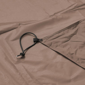 Brown fabric furniture cover with black elastic cord and toggle