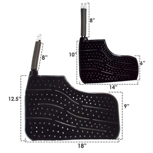 Two black perforated cold therapy pads with dimensions labeled in inches
