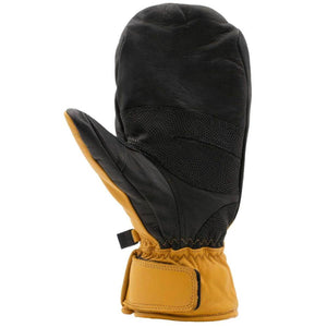 Black and tan leather winter mitten with adjustable wrist strap