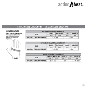 ActionHeat glove size chart showing knuckle circumference measurements for men women and unisex sizing