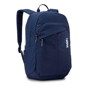 Thule navy blue backpack with front zippered pocket and padded shoulder straps