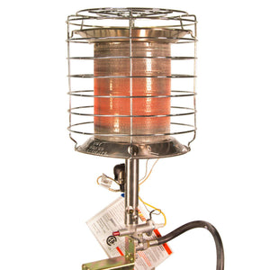 World Marketing propane tank top heater with wire safety cage and glowing heating element