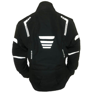 Back view of a black motorcycle jacket with white reflective accents and air vent system text