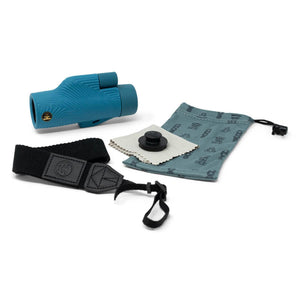 Nocs Provisions blue monocular with black wrist strap, lens cloth, and drawstring storage bag