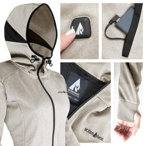 ActionHeat beige hooded jacket with battery power button, charging port, and thumbhole cuffs