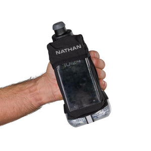 Nathan handheld water bottle with integrated smartphone pocket held in hand